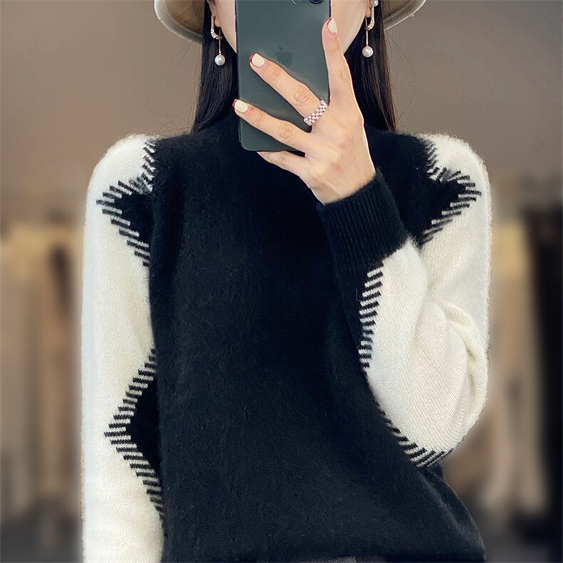 25秋冬新款100%纯羊毛衫女半高领宽松拼色套头针织毛衣羊绒打底衫图片