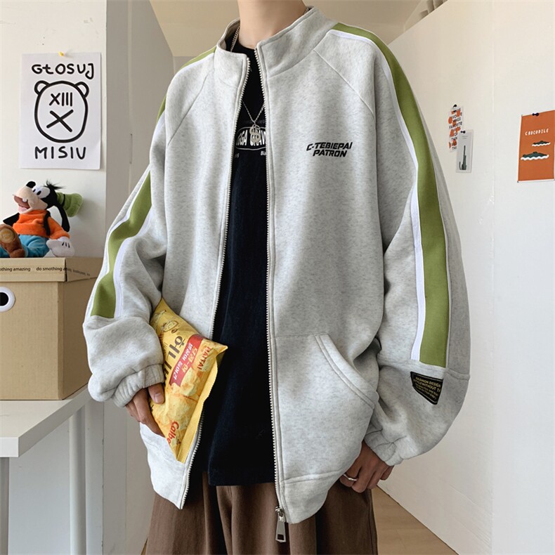 703-H7110 秋冬拼色印花加绒卫衣情侣外套夹克图片