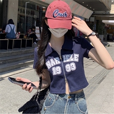 ZT6013-P40短款正肩开衫华夫格上衣女夏季辣妹显瘦T恤POLO衫，女装T恤，电商B245