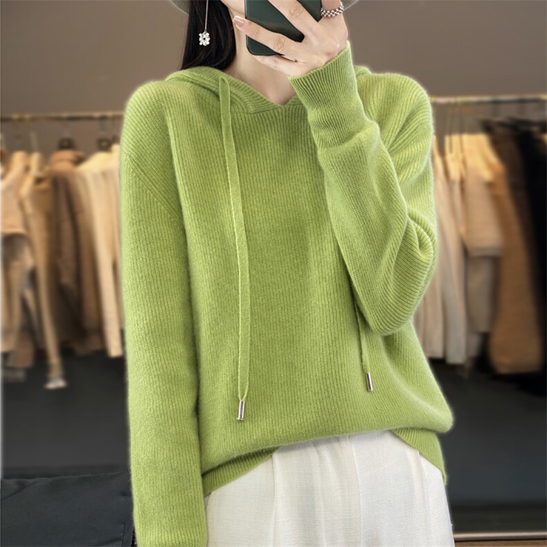 秋100羊毛衫连帽针织套头卫衣女宽松慵懒元宝针带帽打底帽衫,女装羊毛衫,邦太羊绒
