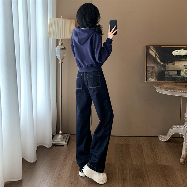 时尚女秋冬季加绒连帽卫衣牛仔长裤套装显瘦高腰直筒裤休闲百搭两件套,女装套装/套裙,江南