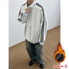 美式复古加绒加厚条纹卫衣男款立领外套潮牌高级感痞帅开衫夹克，男装夹克，星座1210-1