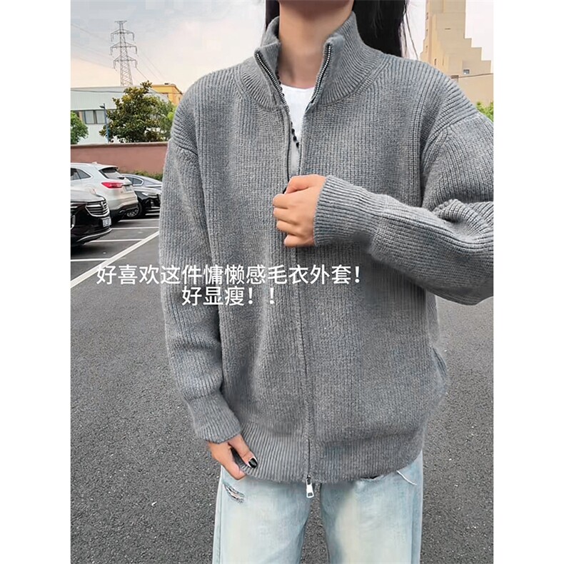 重磅秋冬北极绒双拉链毛衣开衫美式复古休闲慵懒风宽松针织衫外套,男装针织衫/毛衣,电商A486