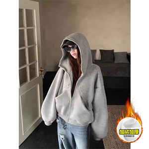 480G重磅加绒硬挺boxy 男女秋冬美式高街卫衣铆钉拼接开衫厚外套图片