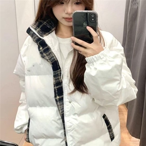 美式复古拼接格子棉衣棉袄2025新款保暖宽松加厚面包服图片