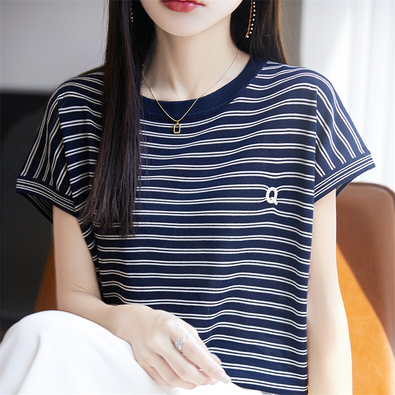夏季圆领撞色条纹莱赛尔天丝刺绣字母短袖T恤女套头针织半袖上衣,针织衫/毛衣,郡淞羊绒