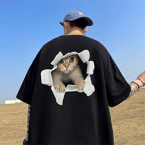 猫咪印花t恤男潮牌夏季300g重磅纯棉衣服男款短袖美式情侣装半袖图片