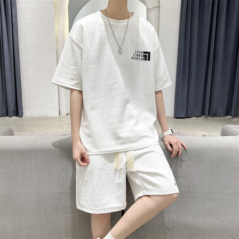 潮牌新款短袖套装立体提花宽松半袖T恤男女TZ300-P55控价75,男装T恤,电商A161-2