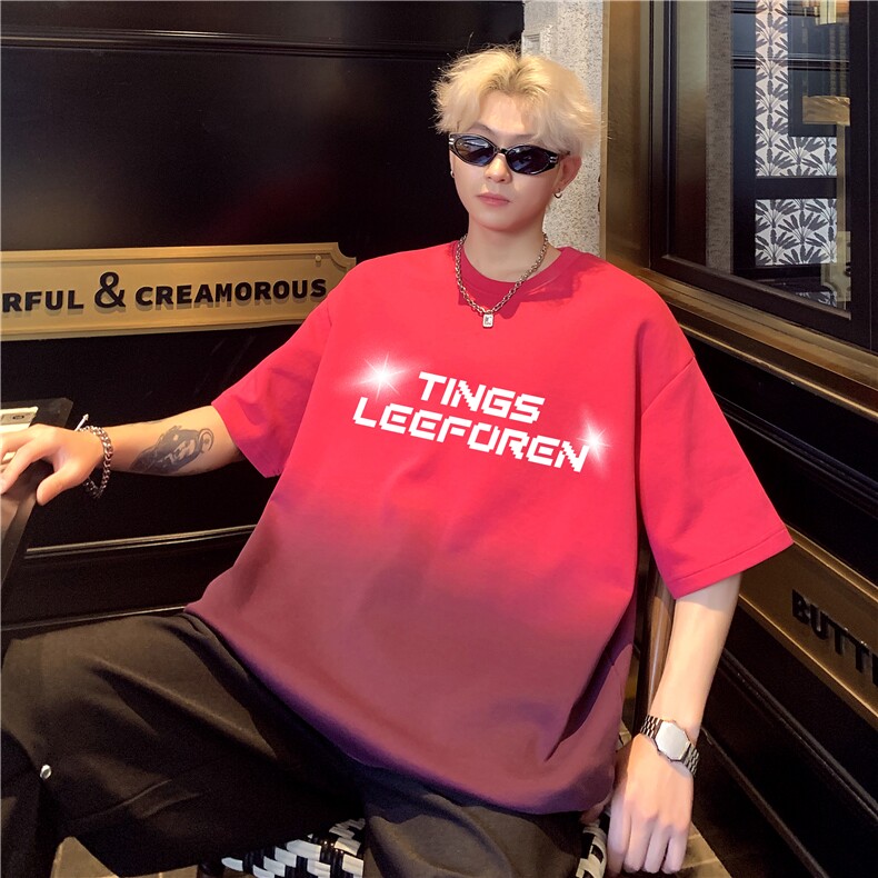 潮纯棉重磅印花短袖T恤男夏季上衣做旧渐变休闲半袖T329-P38，男装T恤，电商C307A