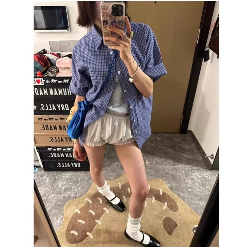 【现货】DB419-P37美式复古蓝色格子廓形短袖衬衫男夏季松弛感,男装T恤,星座603-2