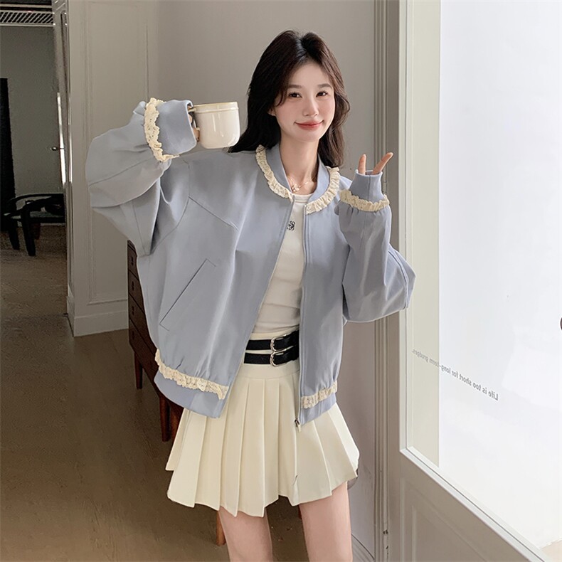 蓝色蕾丝花边棒球服外套女2025春季新款韩系学院风减龄小个子上衣,女装短外套,维壹