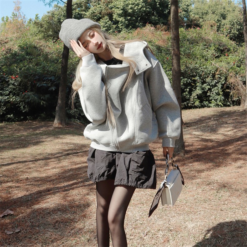 抖音得物品质26春装美式重磅结构斜拉链高领连帽卫衣开衫外套W61,女装短外套,电商A486