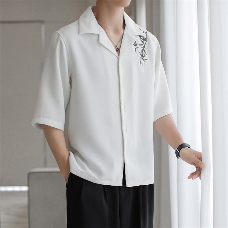 夏风竹叶刺绣衬衫日系港风简约休闲衬衣男透气外套C59-P40图片