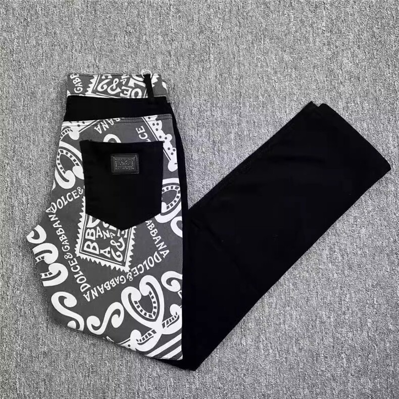 1506-1/KCT1071/P45牛仔裤男痞帅时尚潮流印花个拼接性修身小脚图片