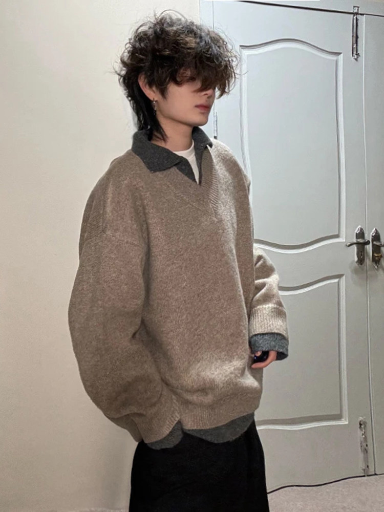 网图现货复古假两件v领翻领毛衣冬季cleanfit针织衫上衣外套P58,男装针织衫/毛衣,电商C306-1