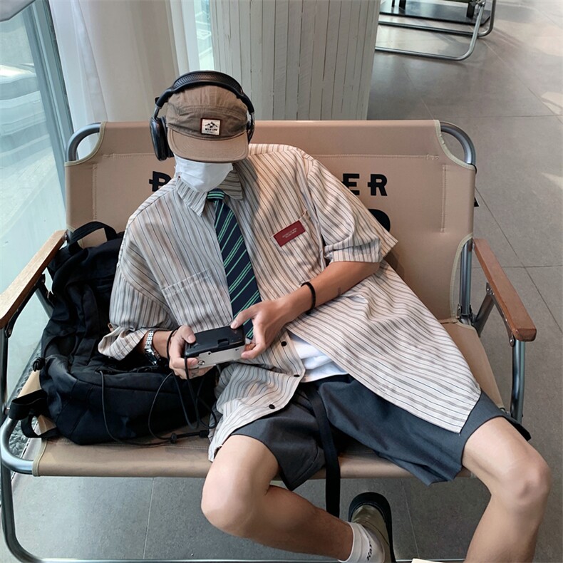 S26-P38夏季宽松型嘻哈风短袖衬衫送领带,男装衬衫,星座1501-1