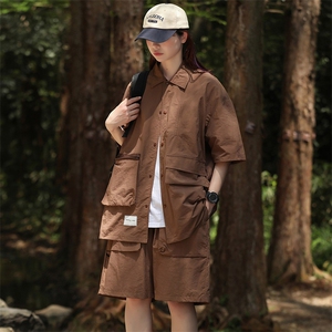 夏款中性风纯色翻领衬衫潮百搭短裤半袖套装男女 8715-P80控价128图片
