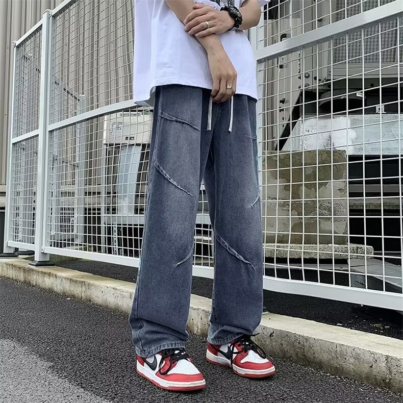 美式潮流牛仔裤男生复古水洗做旧宽松直筒裤港风阔腿裤子潮男图片