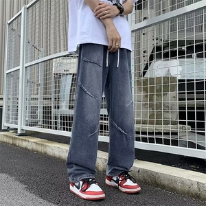 美式潮流牛仔裤男生复古水洗做旧宽松直筒裤港风阔腿裤子潮男图片