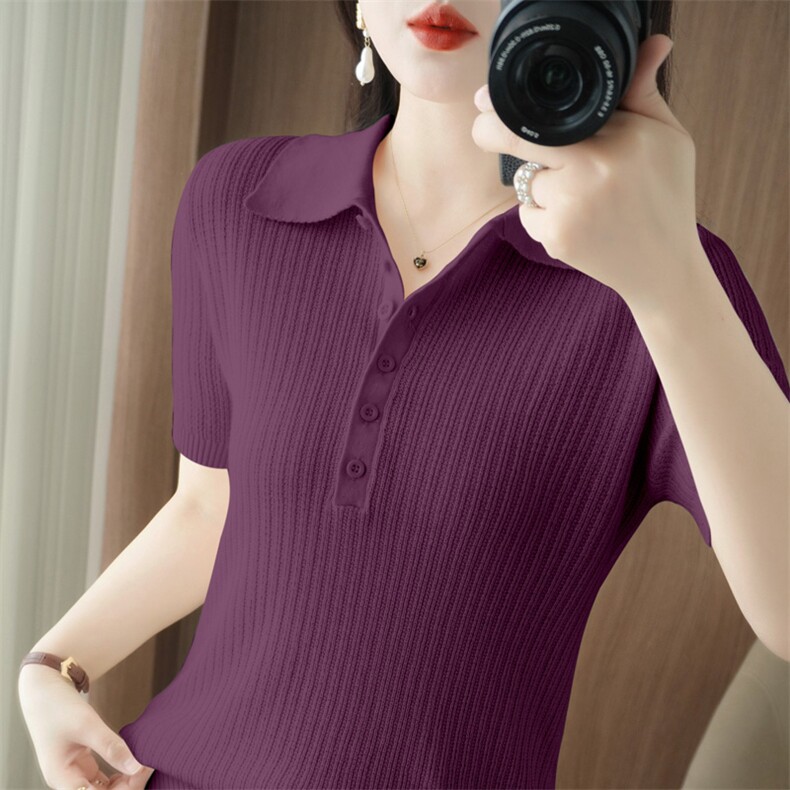 纯棉新款POLO领短袖针织衫女25年夏薄款修身内搭T恤套头外穿打底，女装T恤，品高羊绒