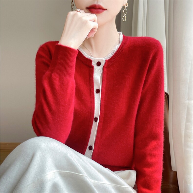 羊毛衫女圆领拼色针织开衫春装新款宽松毛衣外套,女装羊毛衫,九嘉羊绒