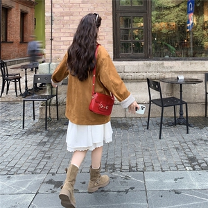 咖色复古格纹拼接麂皮绒外套女春秋2025新款小个子流行爆款巨好看图片