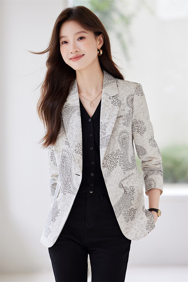 2025秋装新款印花气质时尚长袖一粒扣西装小外套女,女装短外套,时尚风爆