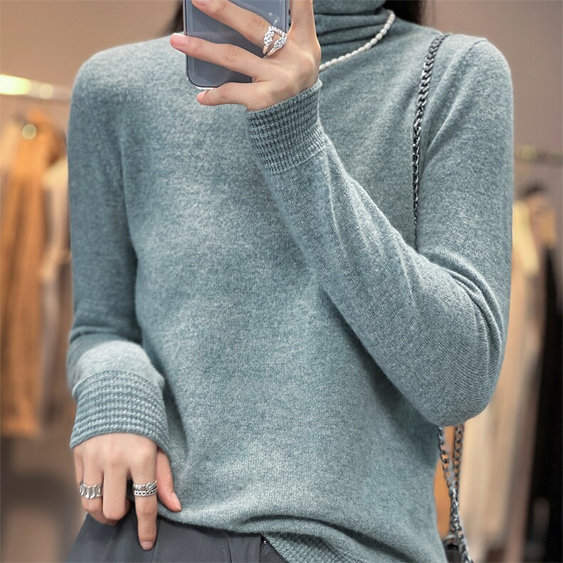 秋冬新款半高领精纺羊毛衫女短款宽松套头针织毛衣显瘦纯色打底衫,女装羊毛衫,佳绒高端店