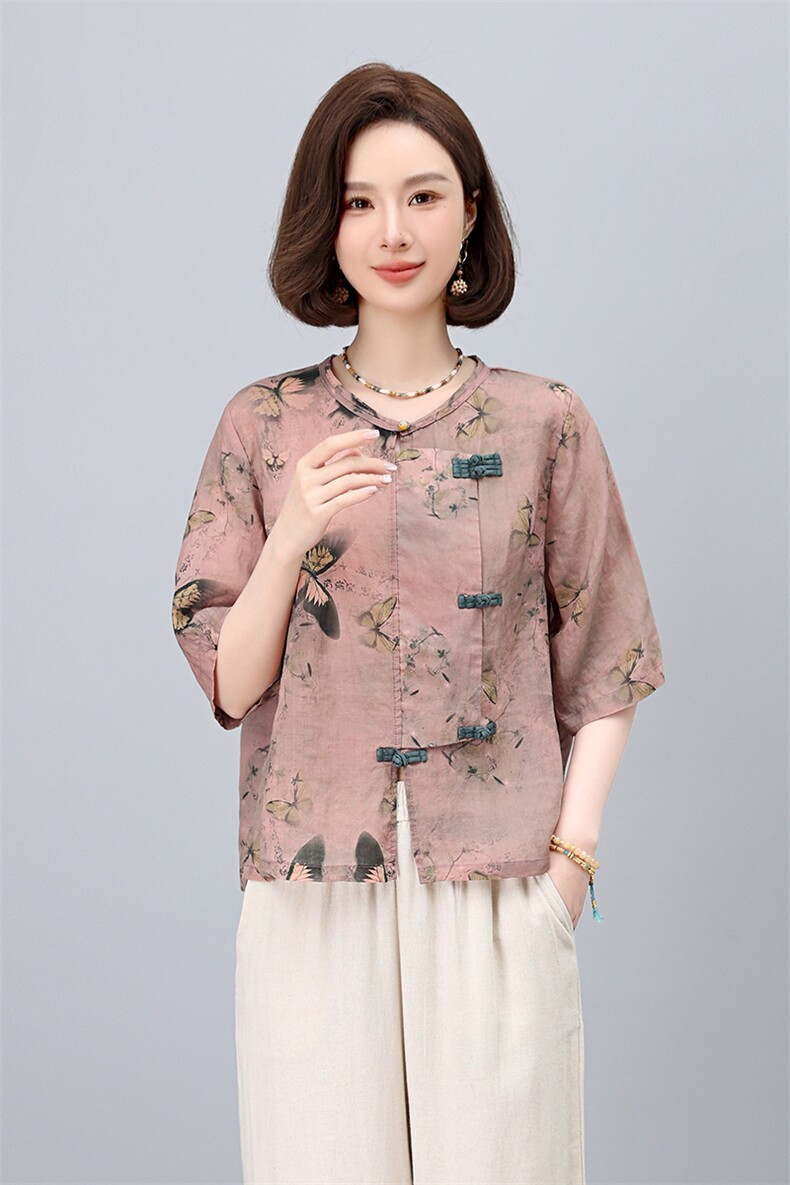 中式复古盘扣苎麻印花衬衫女2025夏季新款高端麻料花色上衣小衫,女装衬衫,凝聚力