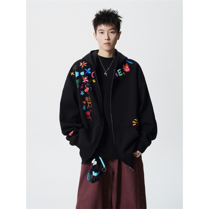 706-LK1203-P85秋季潮牌创意卡通涂鸦印花连帽卫衣情侣开衫外套,男装卫衣,星座706