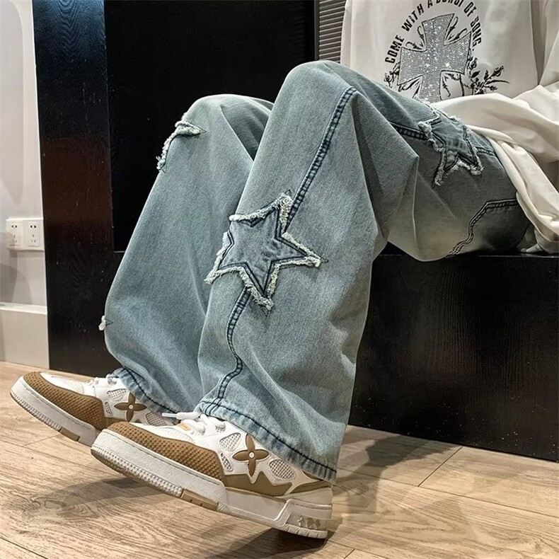 美式复古牛仔裤男款春秋季hiphop潮牌裤子2025直筒宽松阔腿乞丐裤,男装牛仔裤,星座1008