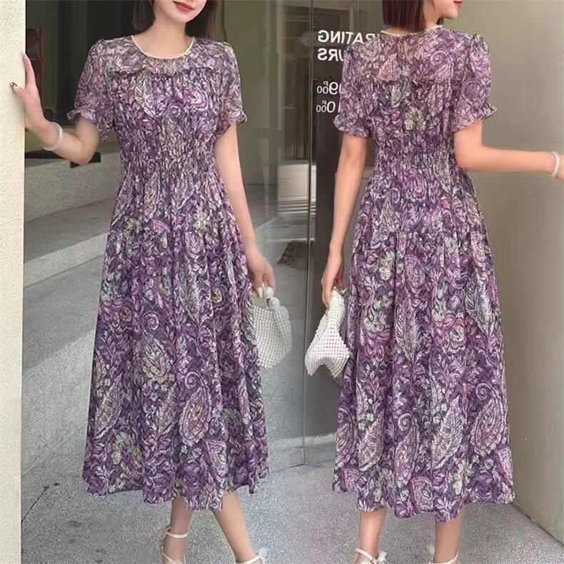 （现货）紫色碎花收腰显瘦V领连衣裙子夏款中长款连衣裙女装图片