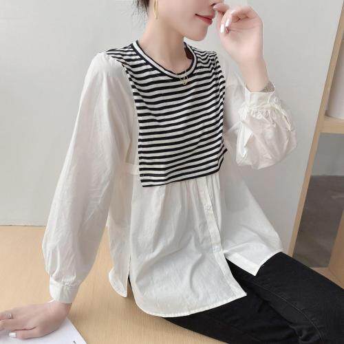 超逸世家4217意法2021年秋季新款长袖拼接条纹衬衫，女装衬衫，超逸世家