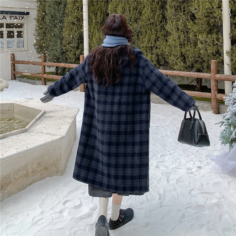 牛角扣格纹连帽双面呢大衣女2025冬新款复古学院风小个子毛呢外套,女装毛呢外套,慧尚2-185