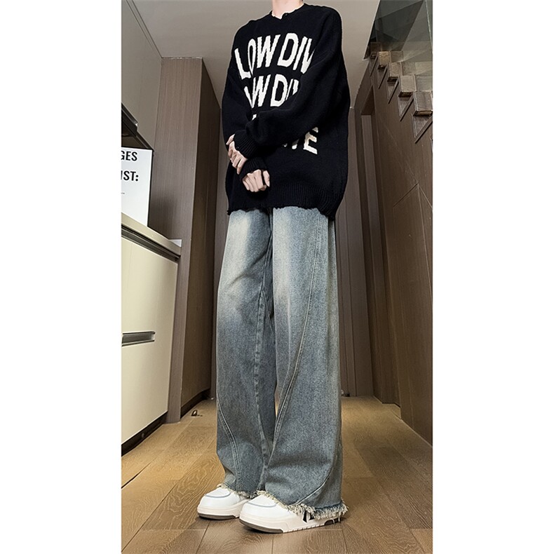 现货直筒渐变休闲裤女宽松复古蓝毛边牛仔裤男K5825-P55控78,男装休闲裤,星座205
