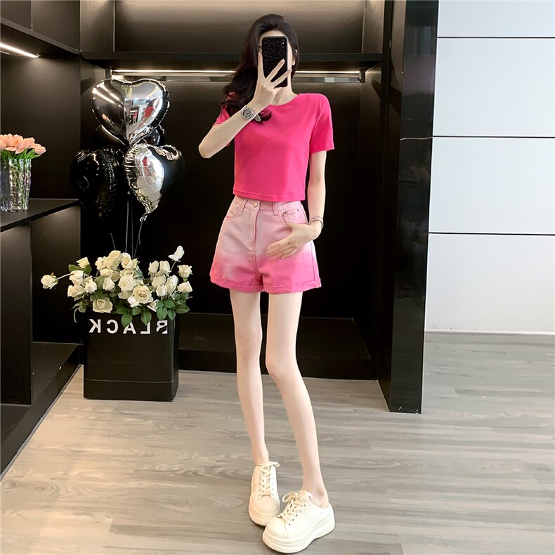 女夏新款简约时尚洋气套装玫红色圆领短袖上衣粉色牛仔短裤两件套,女装套装/套裙,江南