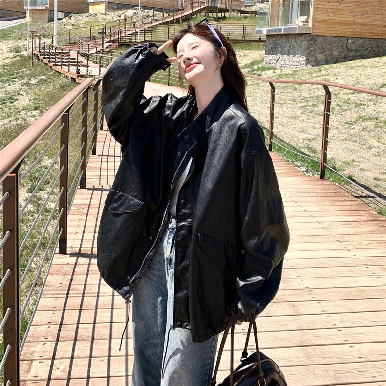 设计感皮衣外套女春秋款宽松休闲百搭上衣潮酷洋气中长款PU皮夹克,女装皮衣,维壹