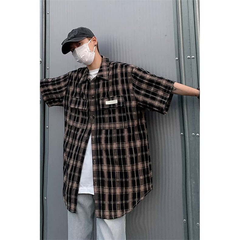 衬衫男韩版潮流短袖格子贴标个性2023夏季新款ins外套CS0588-P43,男装衬衫,星座308B-1