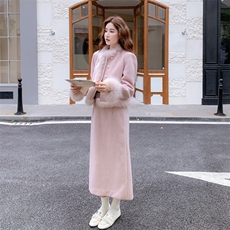 粉色毛呢羽绒服套装女冬季毛毛拼接显瘦日系加厚减龄半身裙两件套，女装套装/套裙，2C151