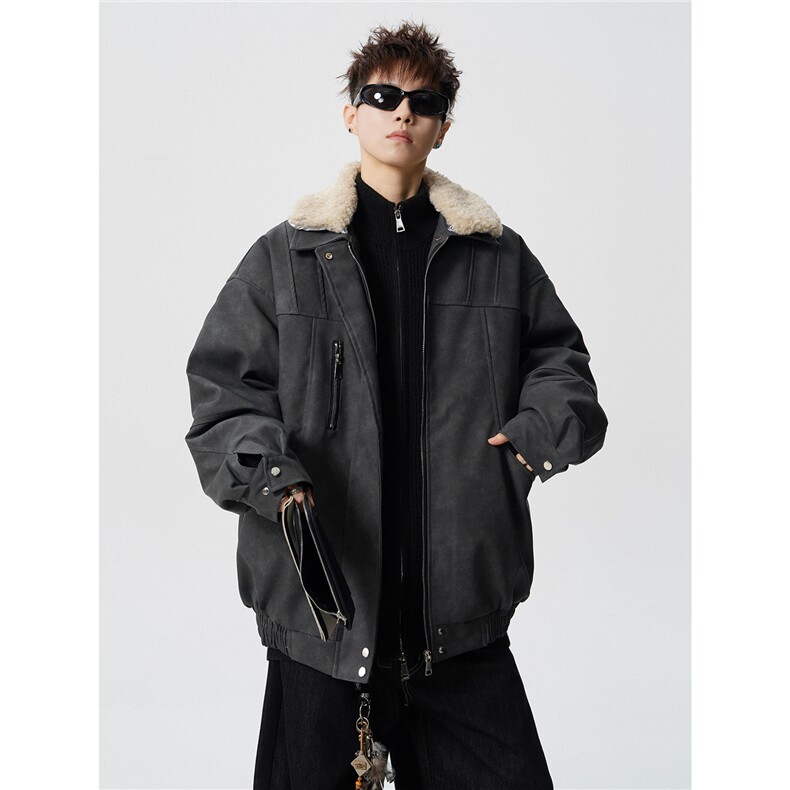 复古可脱卸羊羔毛领大码M-5XL面层PU皮棉衣男77933P138控198，男装棉衣，星座227-7