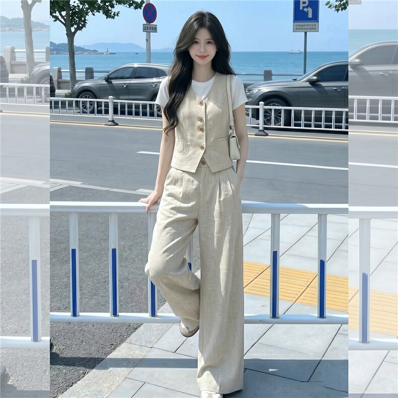 韩版休闲运动套装女款圆领纽扣马甲上衣内搭白色T恤阔腿裤三件套,女装套装/套裙,江南