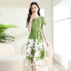 夏季女装新款时尚新颖大气新中式盘扣假两件套连衣裙，女装连衣裙，天丽
