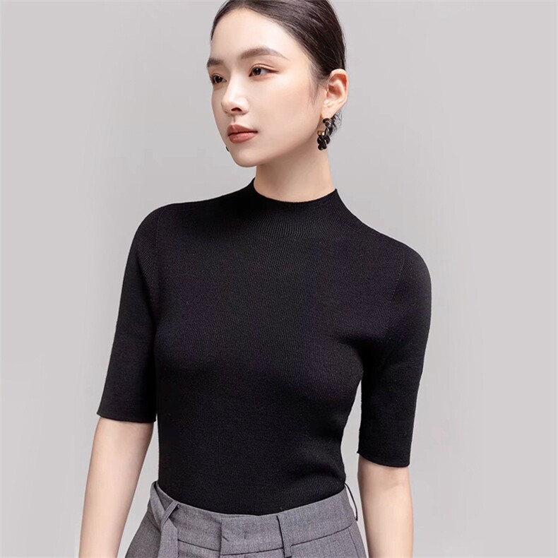 女士时尚显瘦百搭无缝一体针织五分袖,女装T恤,旭友羊绒