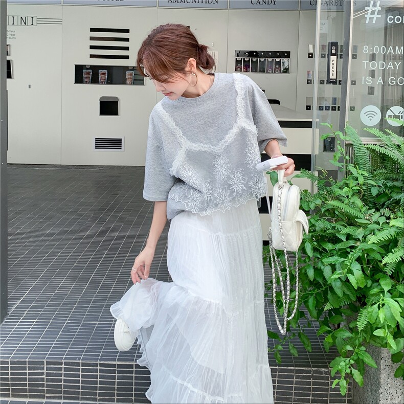 时尚温柔减龄淡人气质感套装女2025夏季蕾丝拼接T恤半身裙两件套,女装套装/套裙,浙宝069