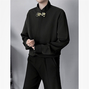 F698P32新中式男生订婚衣服秋冬平时可穿衬衫男款穿搭长袖金扣图片