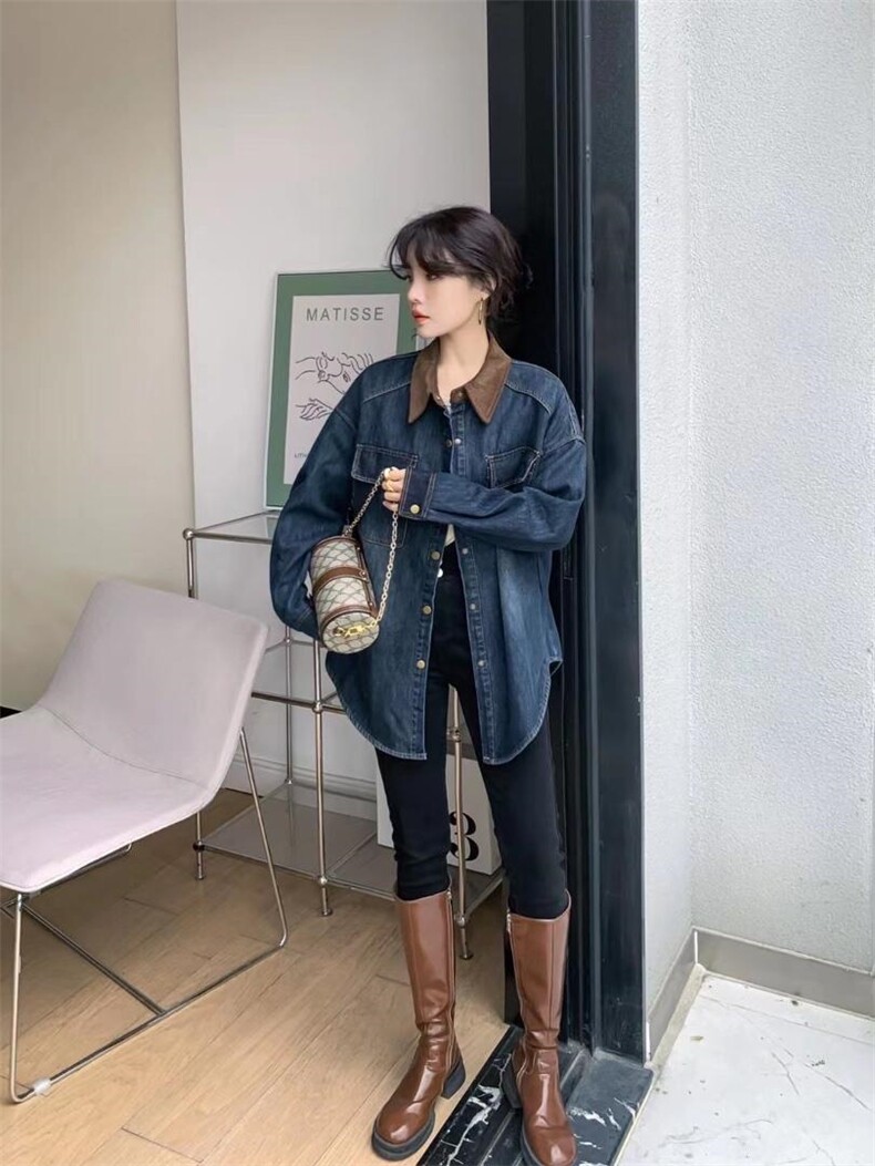 爱美欧现货撞色领加绒牛仔衬衣，其它，爱美欧