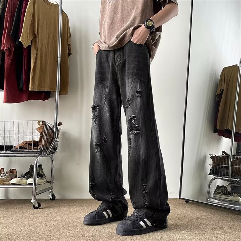 美式高街破洞牛仔裤男夏季潮牌宽松阔腿欧美直筒男生裤子9101/P48,男装牛仔裤,星座506