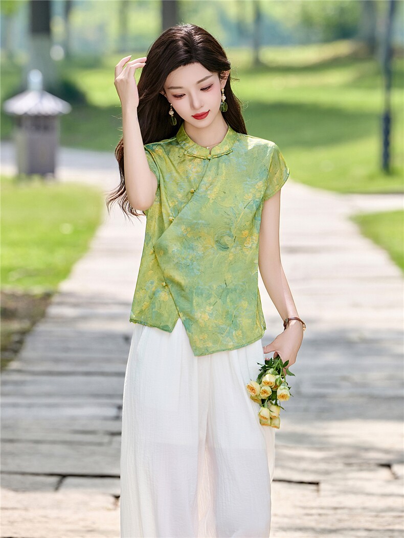 新中式套装女2026夏新款洋气不规则盘扣上衣+阔腿裤两件套,女装套装/套裙,姿衣坊