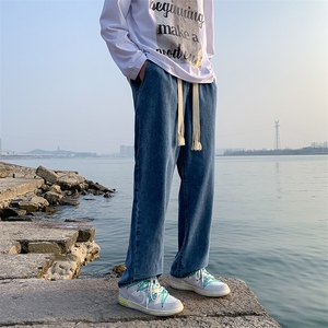 2024春秋季高品质男女款拖地牛仔裤个性宽编织带腰绳图片