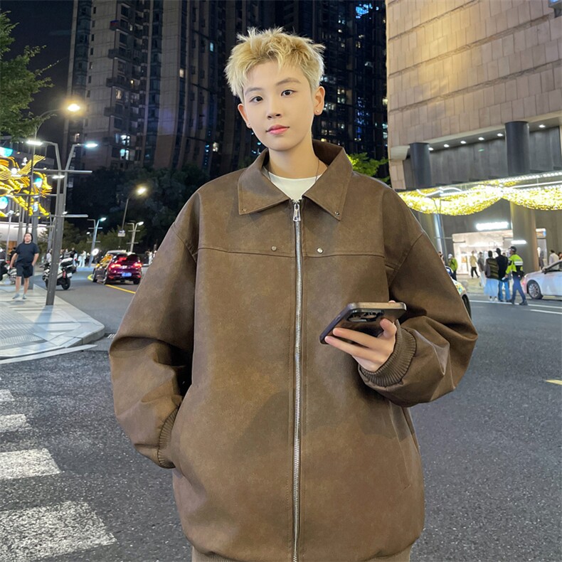 秋季翻领皮夹克男宽松男士皮衣外套潮新款薄A266-PY010-P100控168图片